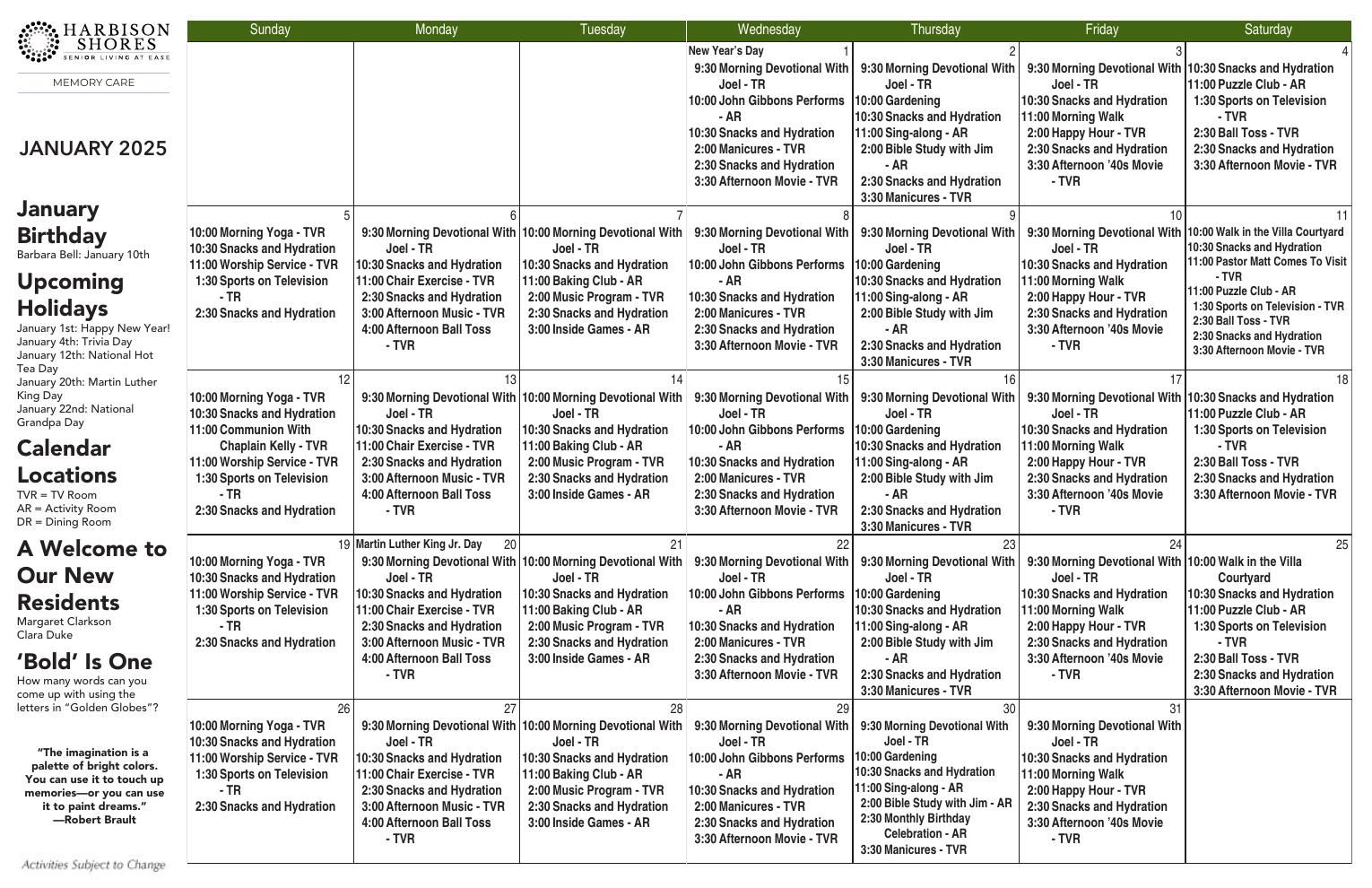 Memory Care Event Calendar