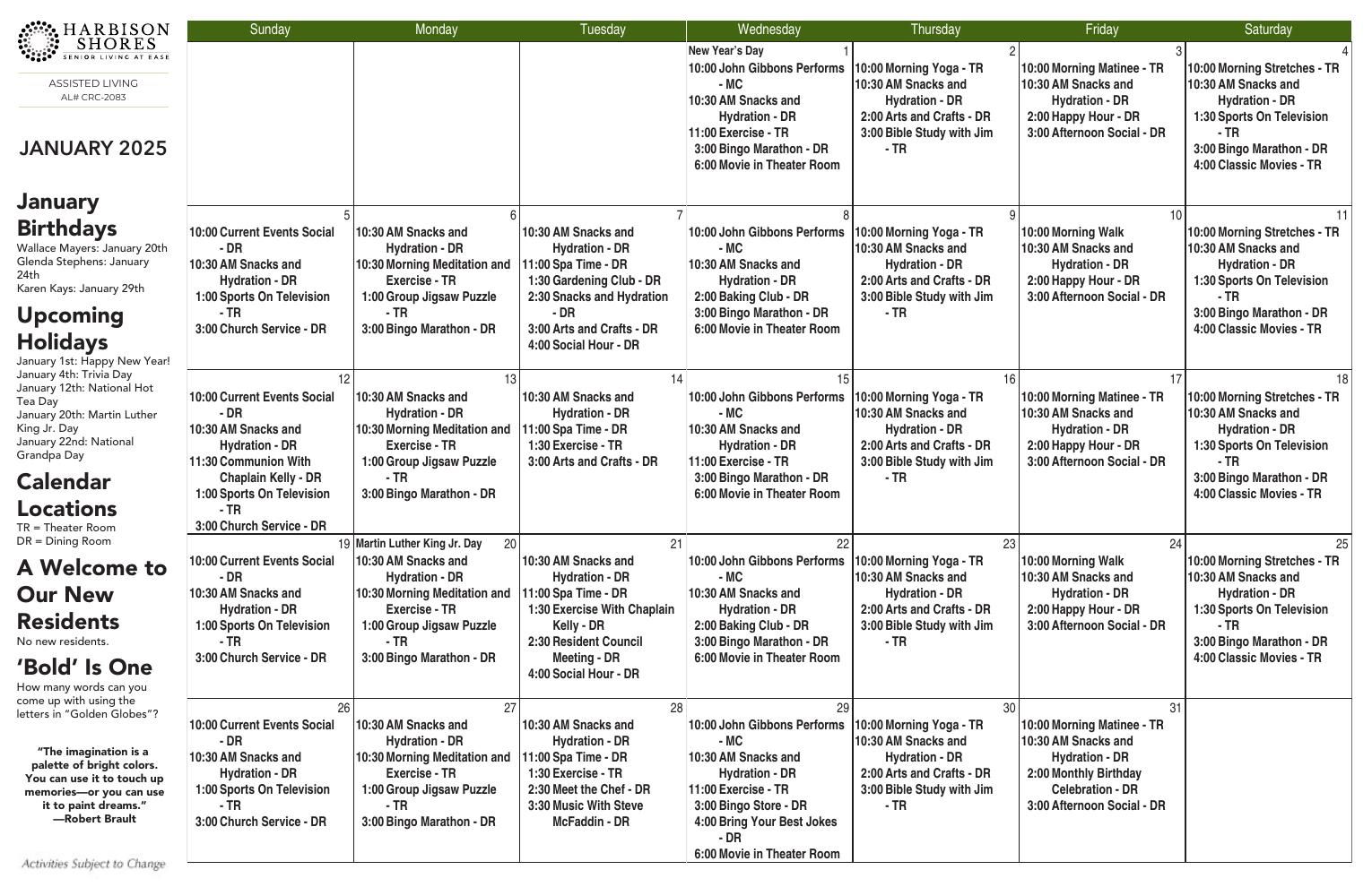 Assisted Living Event Calendar