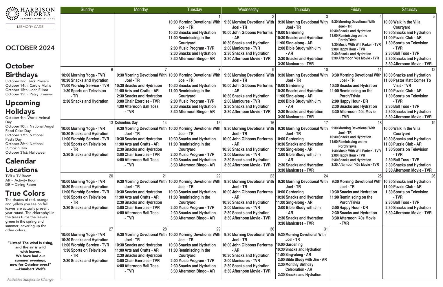 Memory Care Event Calendar