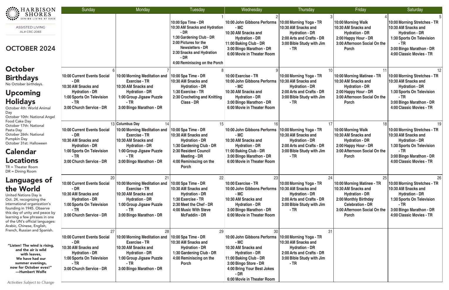 Assisted Living Event Calendar