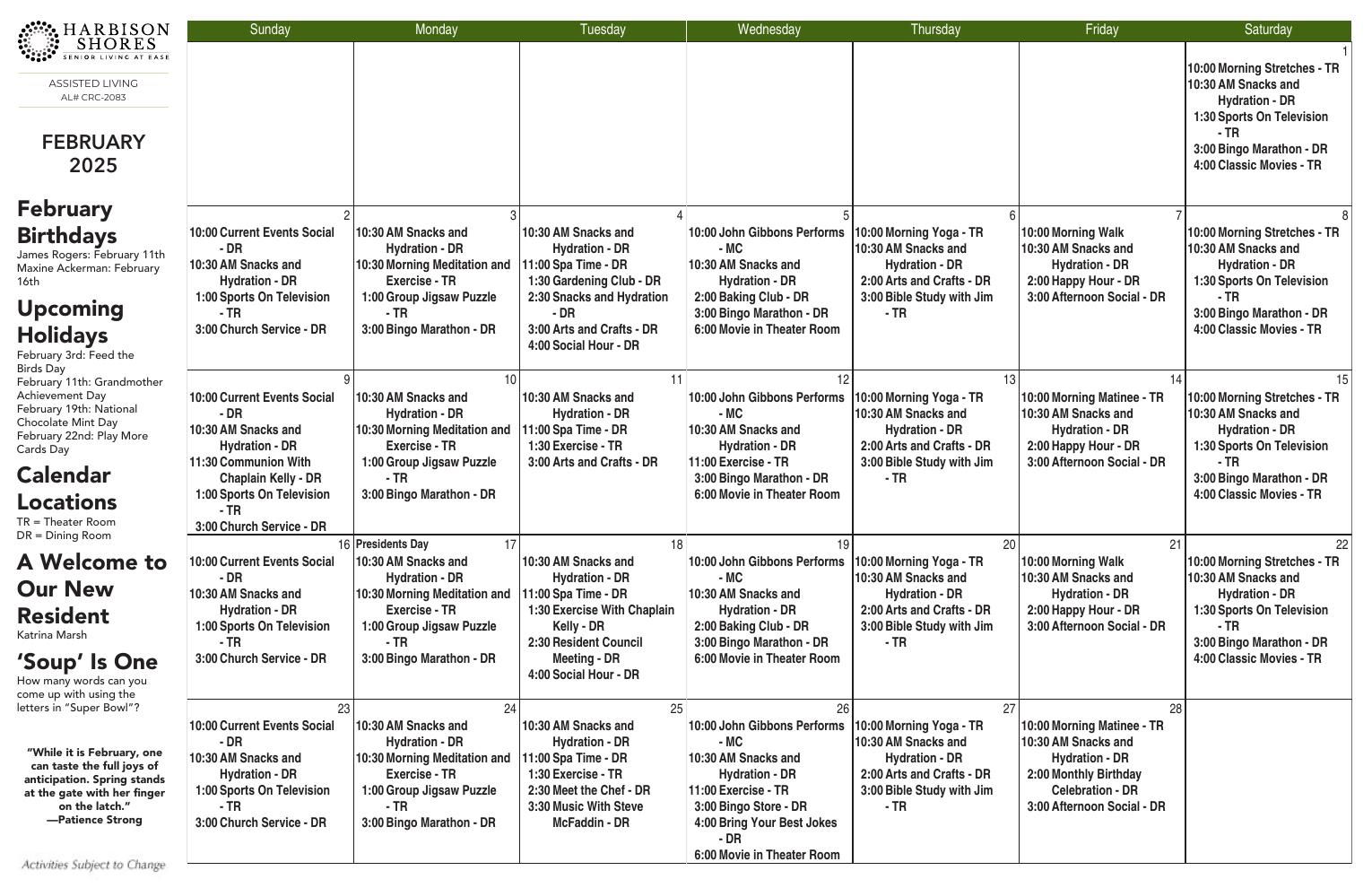 Assisted Living Event Calendar