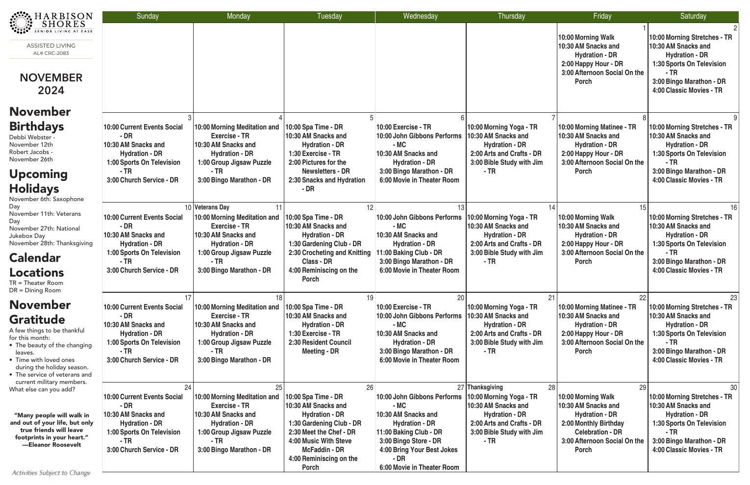 Assisted Living Event Calendar